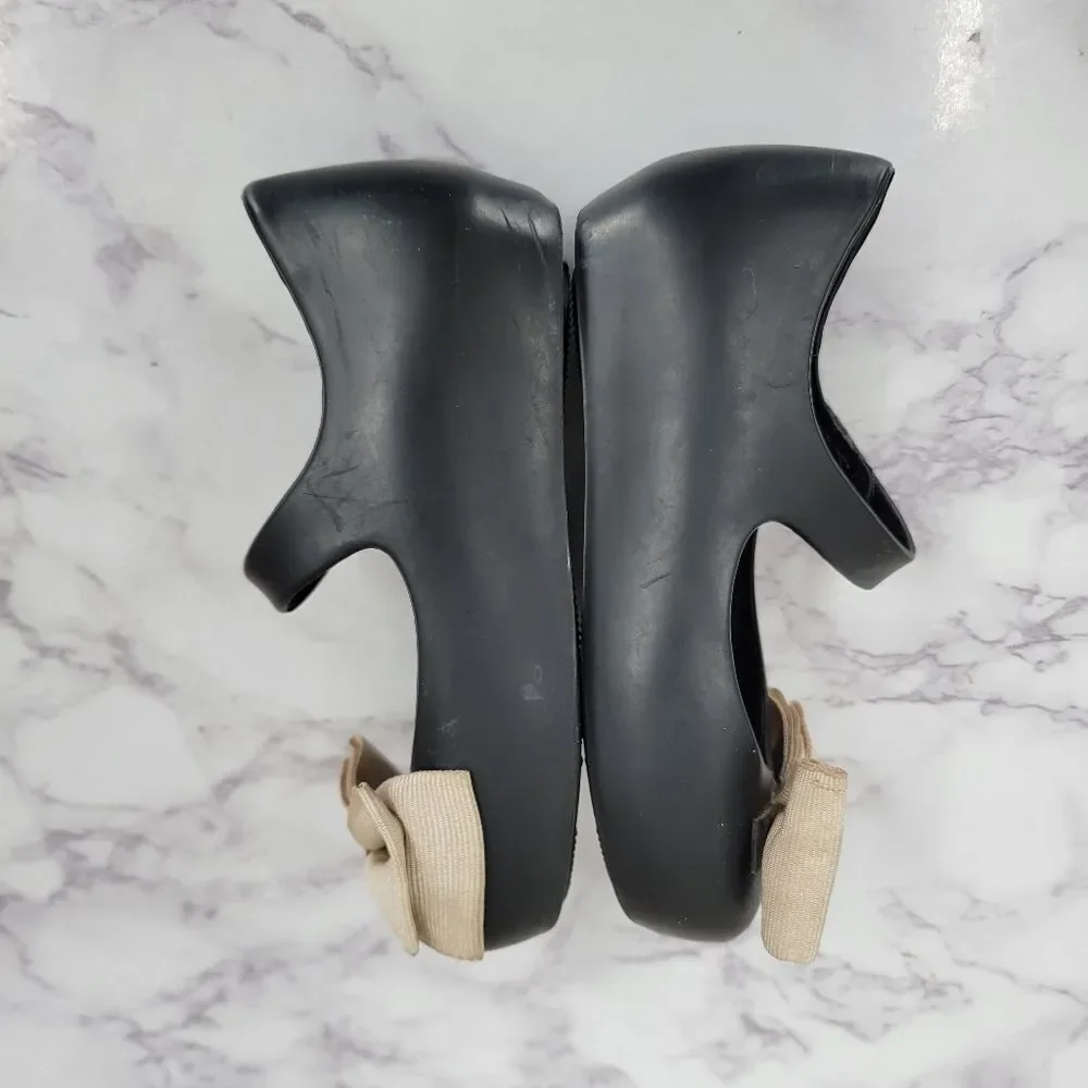 Mini Melissa Peep Toe Black Mary Jane Kids Shoes with Bow Rubber Jelly Dress